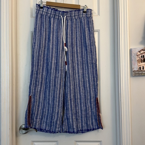 Blue rain blue and white striped linen blend wide leg pants red detail large - Picture 2 of 6